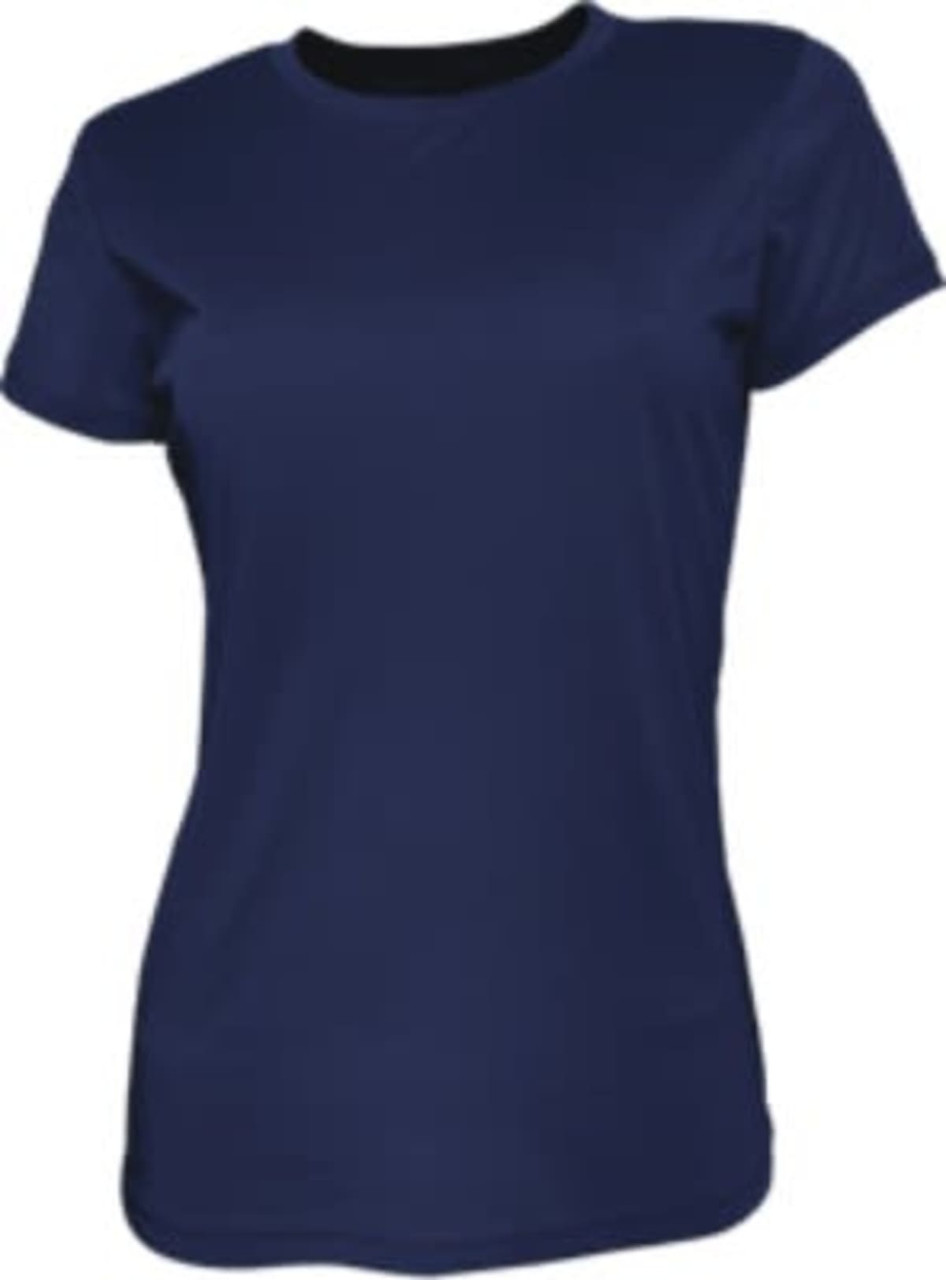 A navy ladies' brushed tee shirt with short sleeves and a round neckline, featuring a logo.