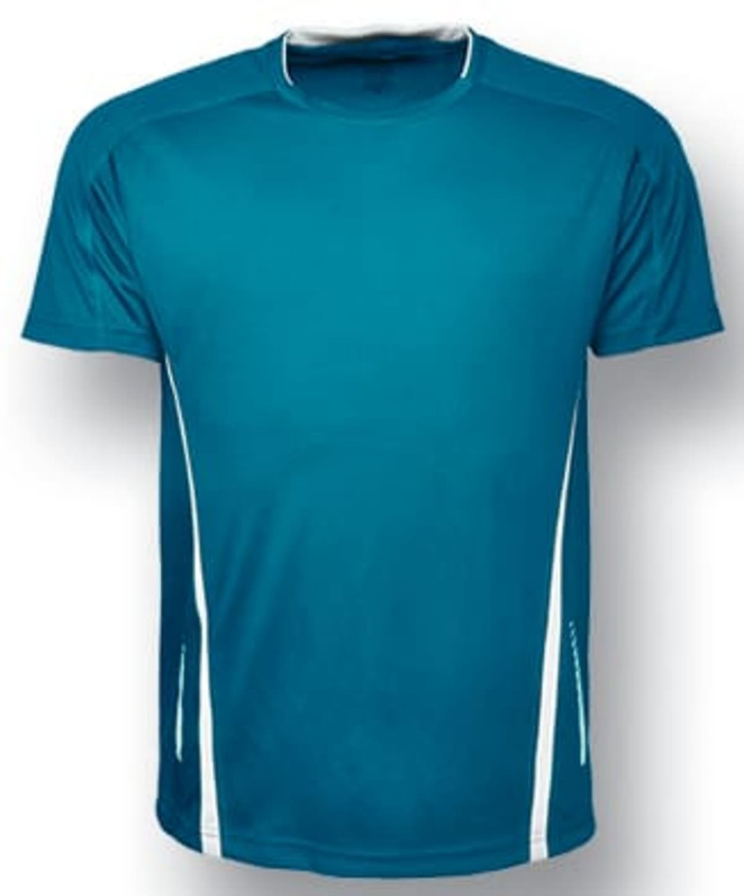 A teal unisex sports tee with white accent stripes and a logo on the front.