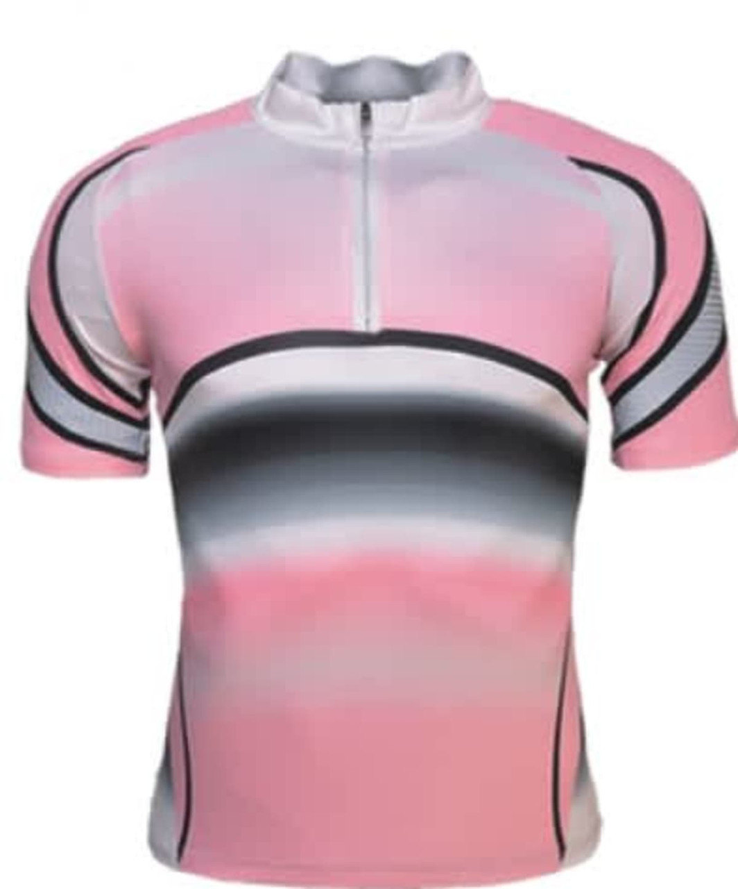 A unisex cycling jersey in pink, white, and grey with short sleeves and a half zip, featuring a logo.