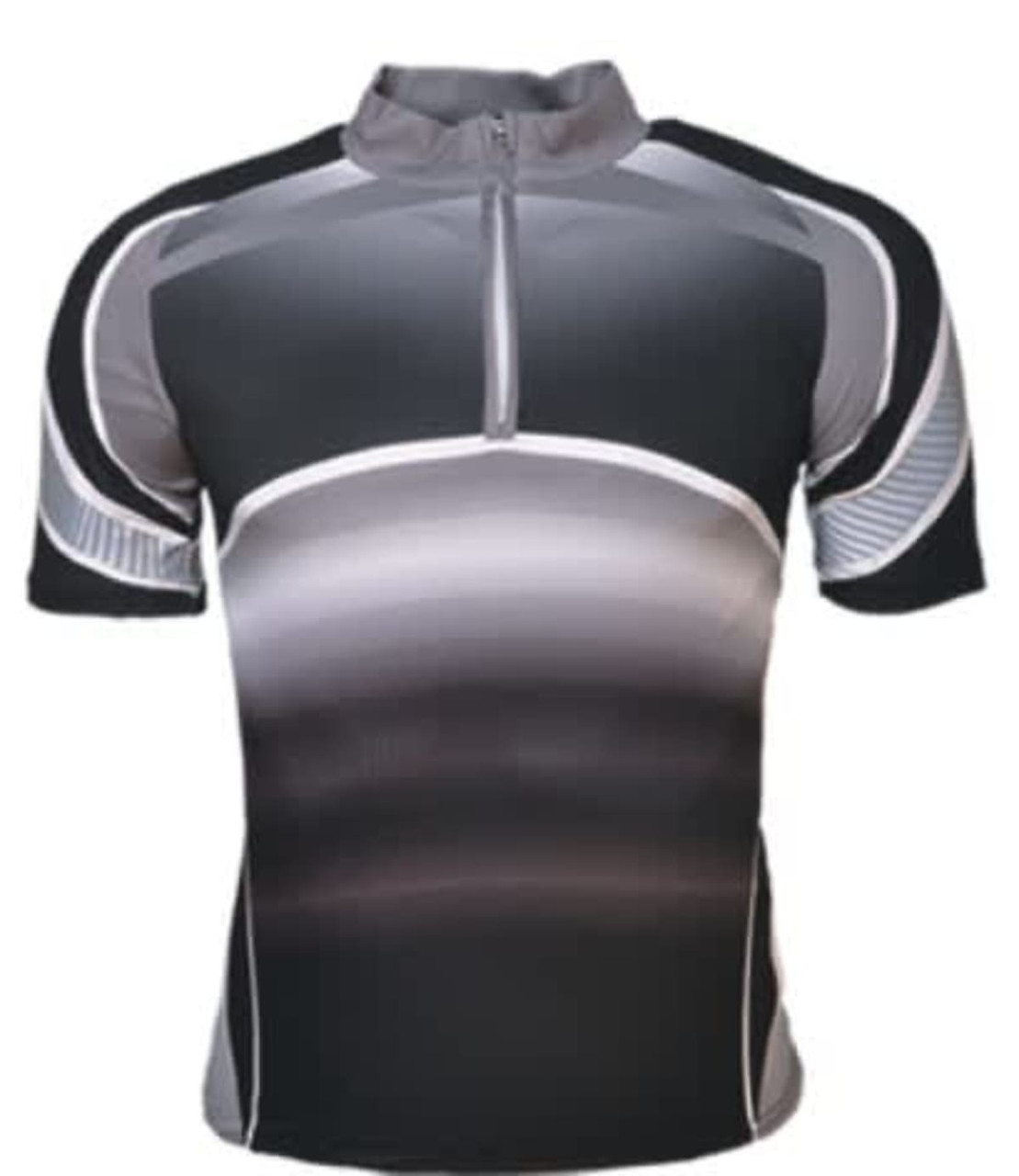 A unisex cycling jersey in black and grey with a half-zip collar and a logo on the front.
