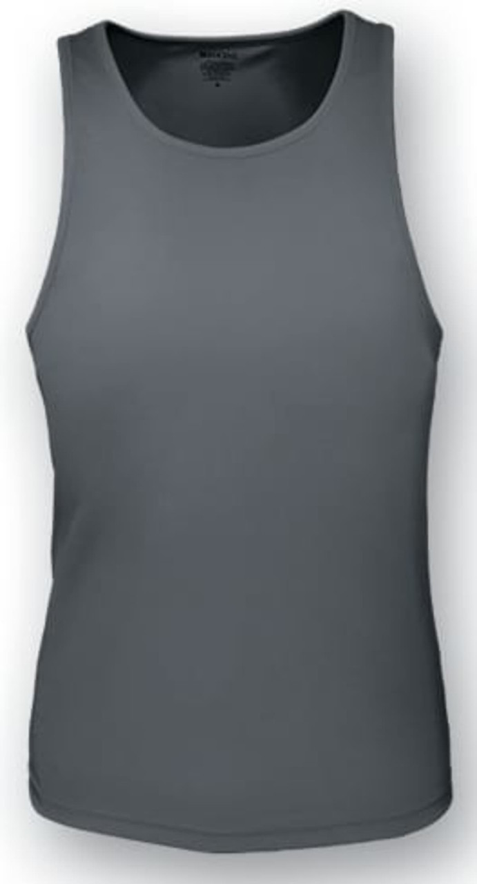 A grey ladies action back singlet with a fitted design and a logo on the front.