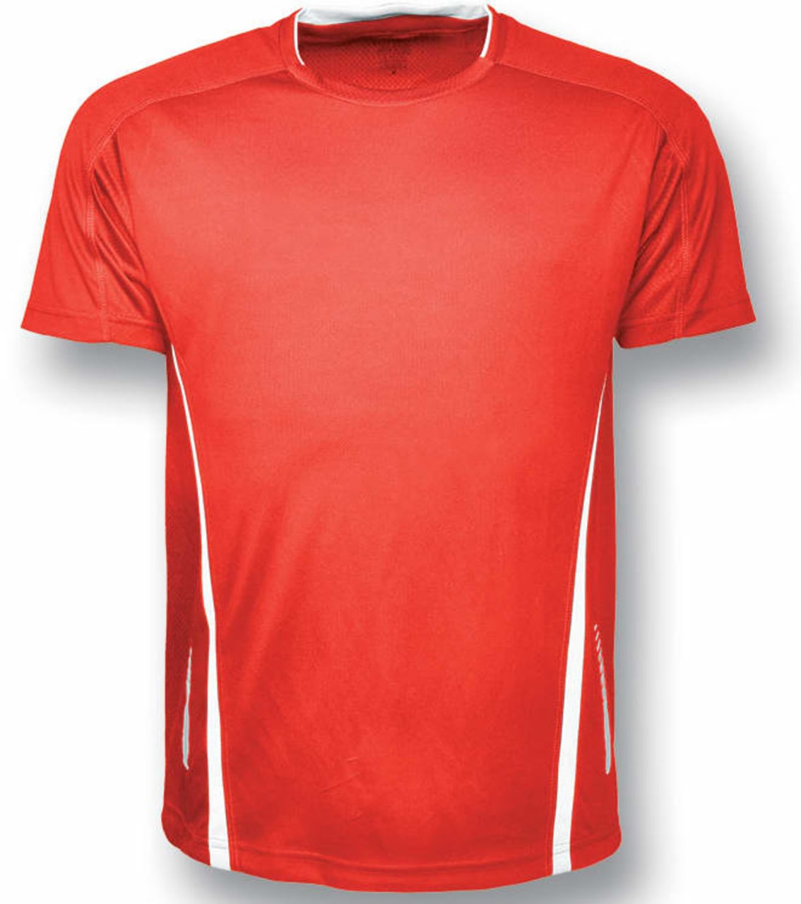 A red sports t-shirt with white side accents and a logo. It features a classic short-sleeve design.