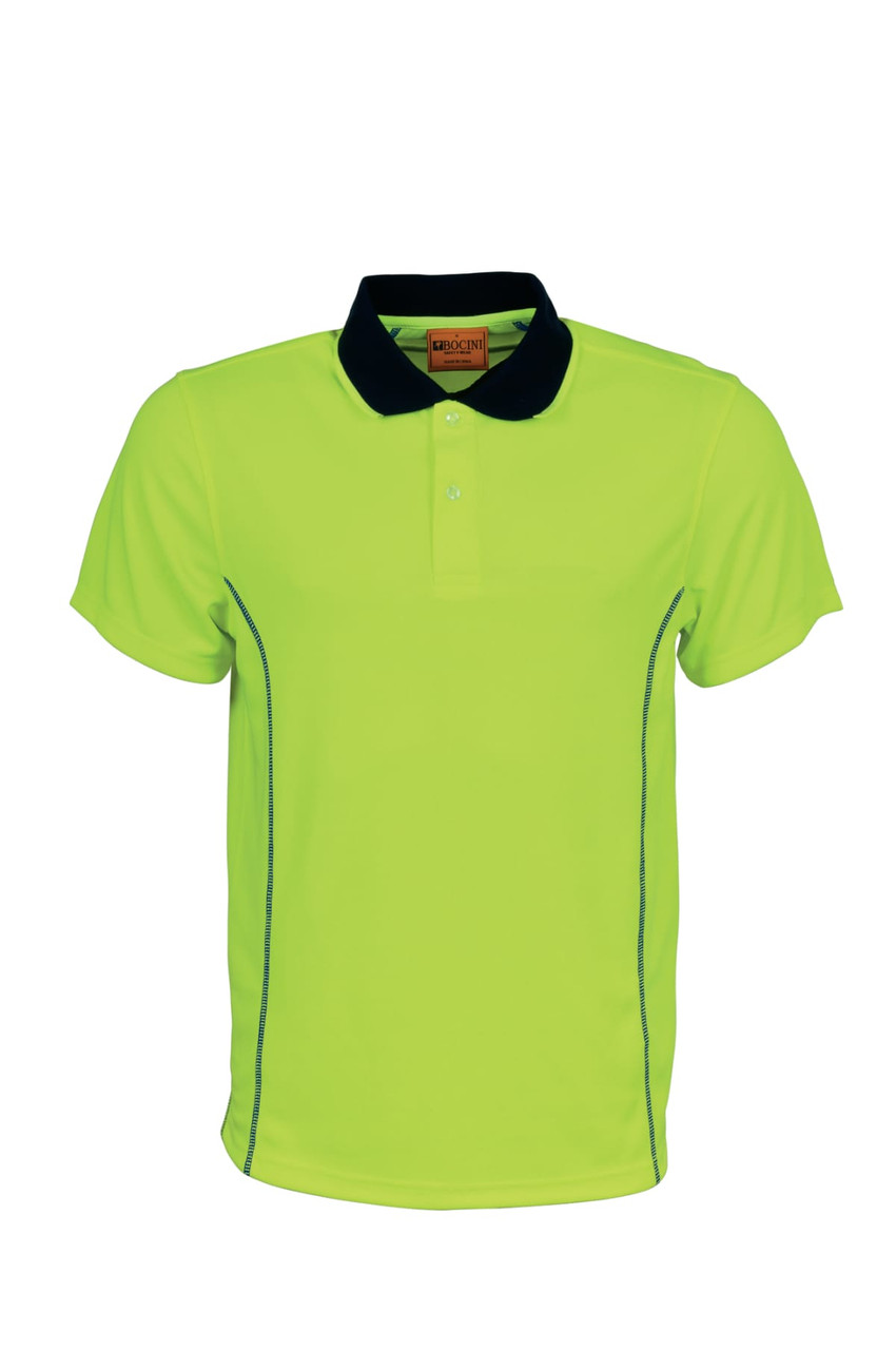A hi-vis green polo shirt with a navy collar and contrasting stitching, featuring a logo on the chest.