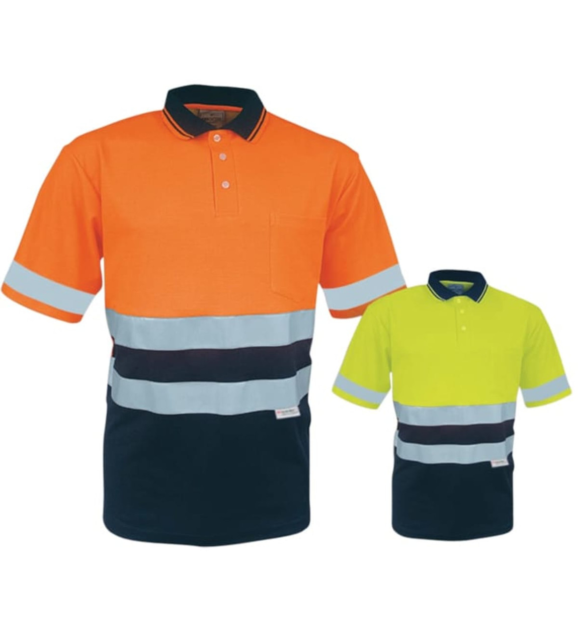 A bright orange and yellow unisex polo shirt featuring reflective tape and a navy blue bottom section, with a pocket.