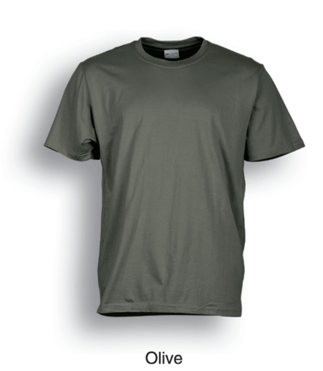 An olive unisex adults plain cotton T-shirt with a round neckline and short sleeves.