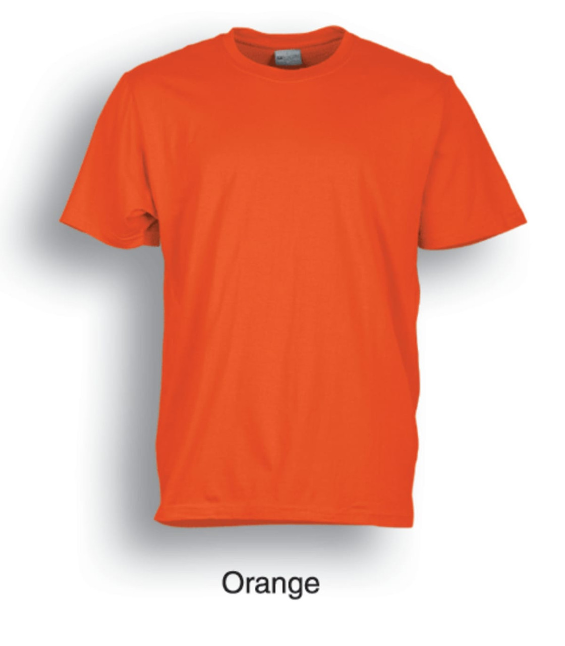 An orange unisex adults plain cotton t-shirt featuring a simple design and a logo.