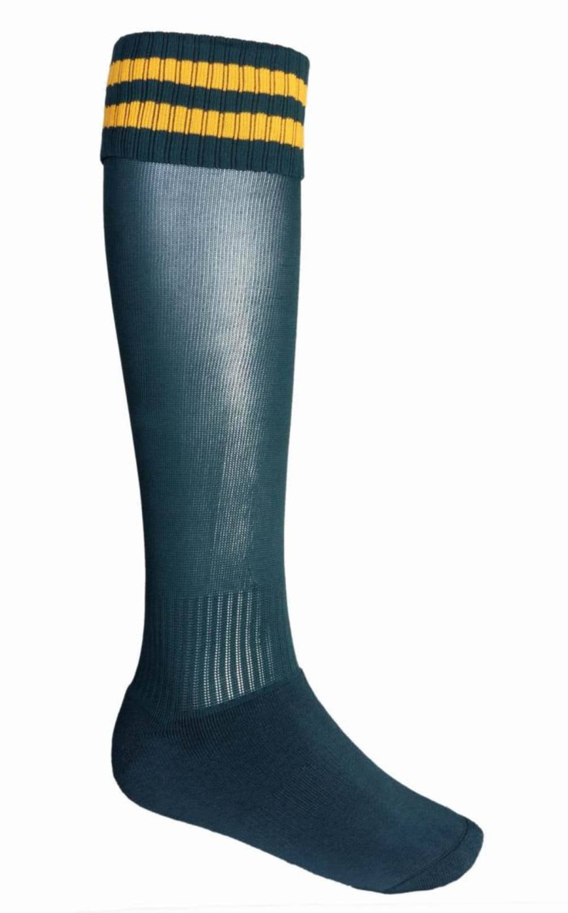 A pair of long sports socks in dark green with a yellow striped band at the top. Features a logo on one side.