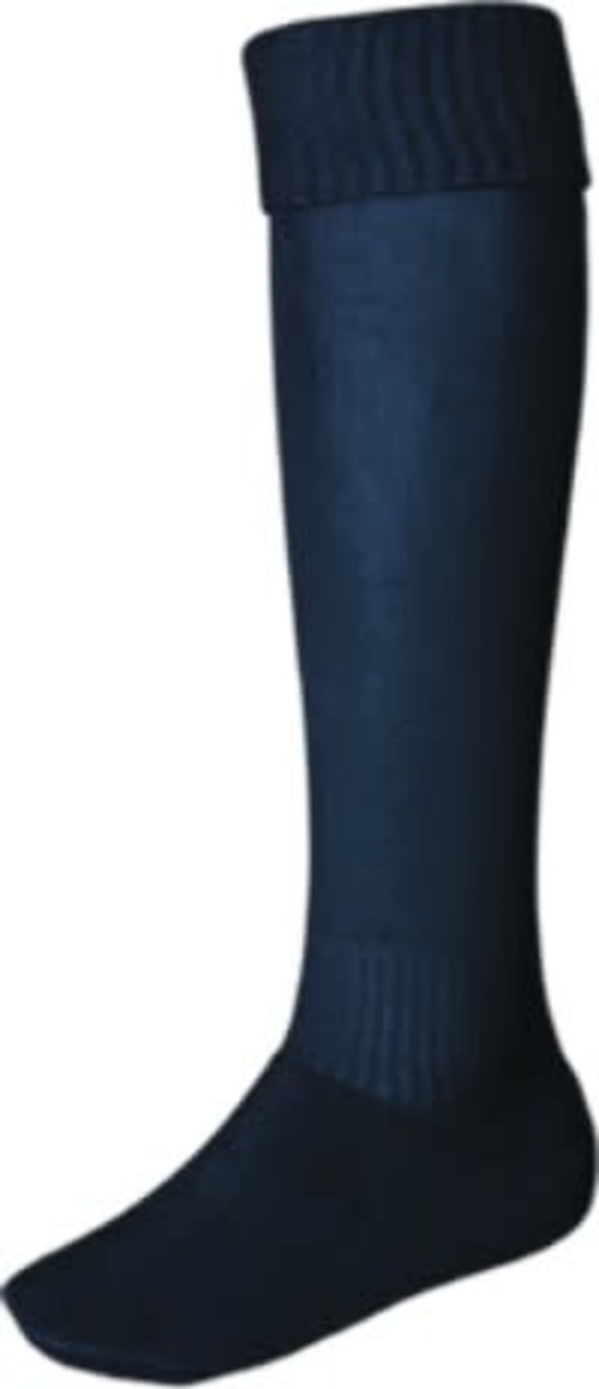 A pair of long, navy sports socks with a ribbed cuff and a smooth finish. Branding is present on the product.