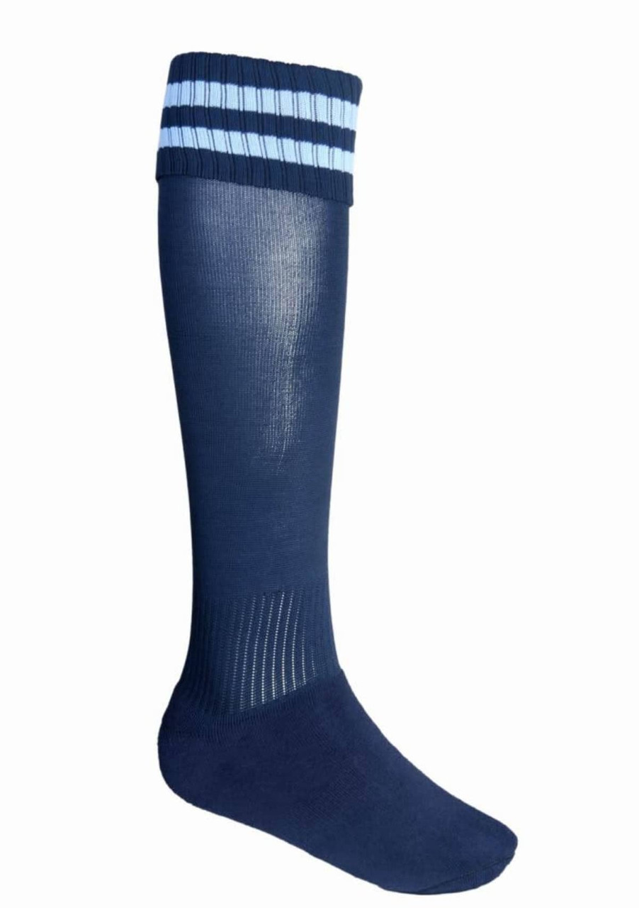 Navy sports socks with light blue stripes at the top and a logo on the side.