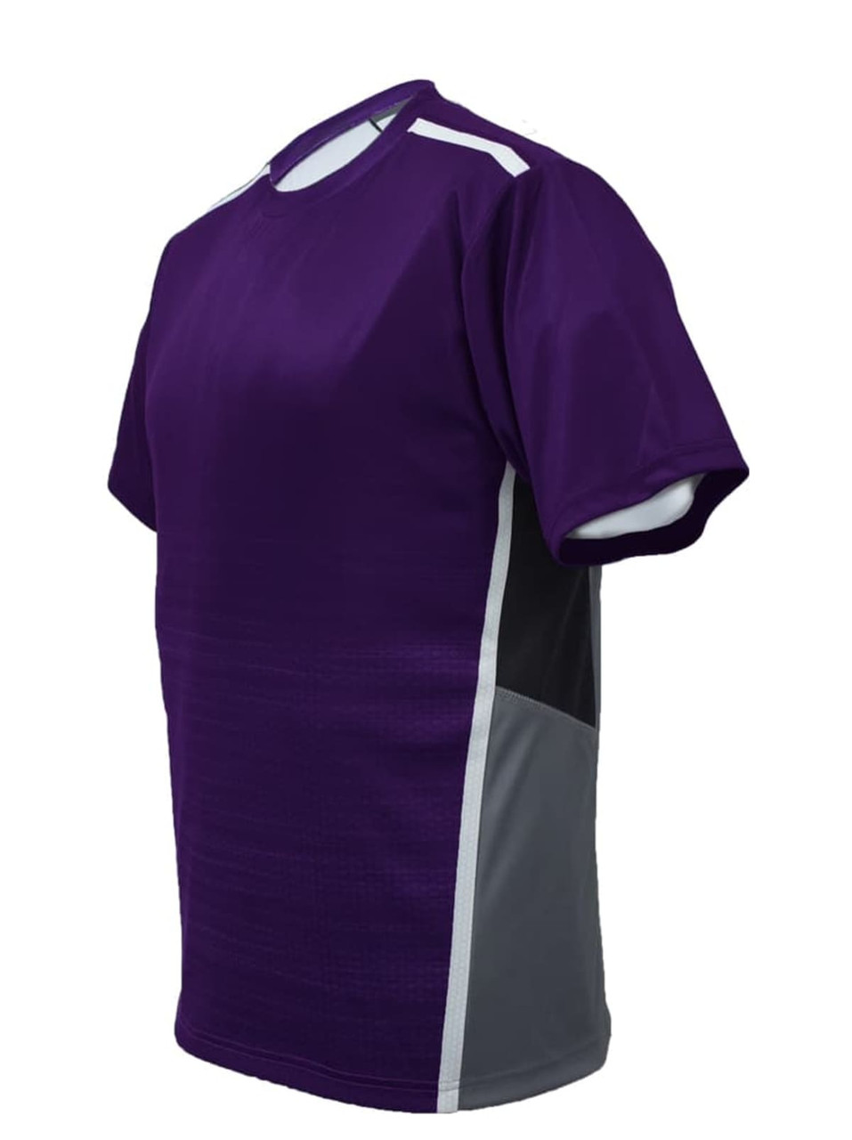 A purple unisex panel tee shirt featuring grey and white accents, with a logo on the front.