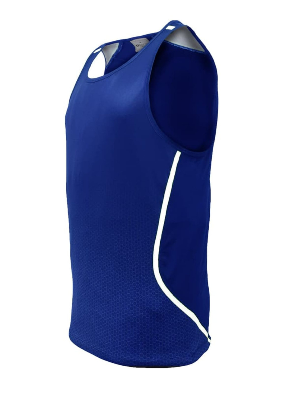 A blue unisex sports singlet with a slim fit and reflective detailing on the sides. It features a logo.
