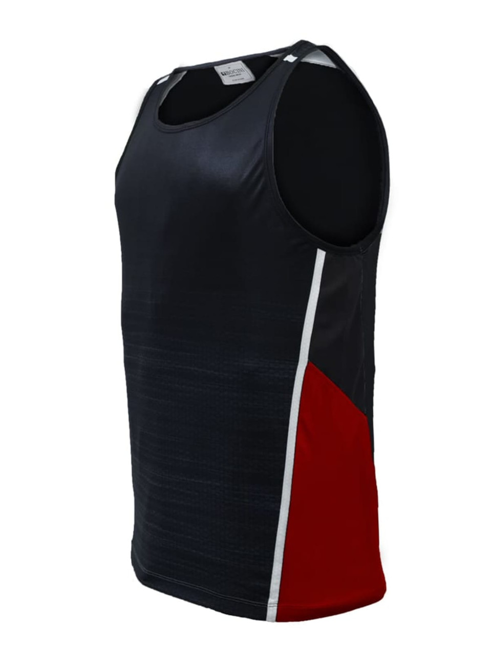 A black unisex singlet featuring red and white panels, with a logo on the front.