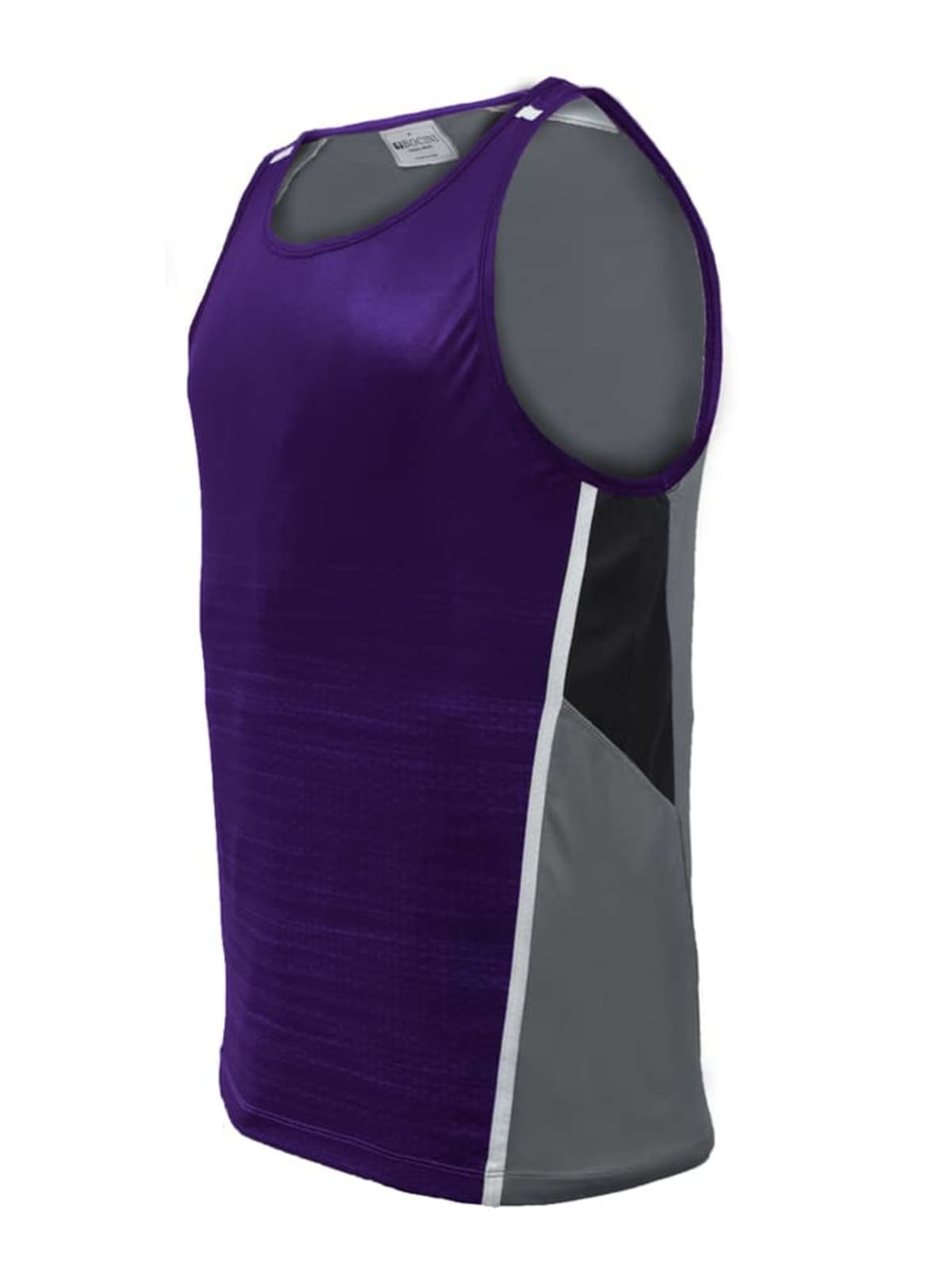 A unisex adults sublimated panel singlet in purple with grey side panels and a logo on the upper front.