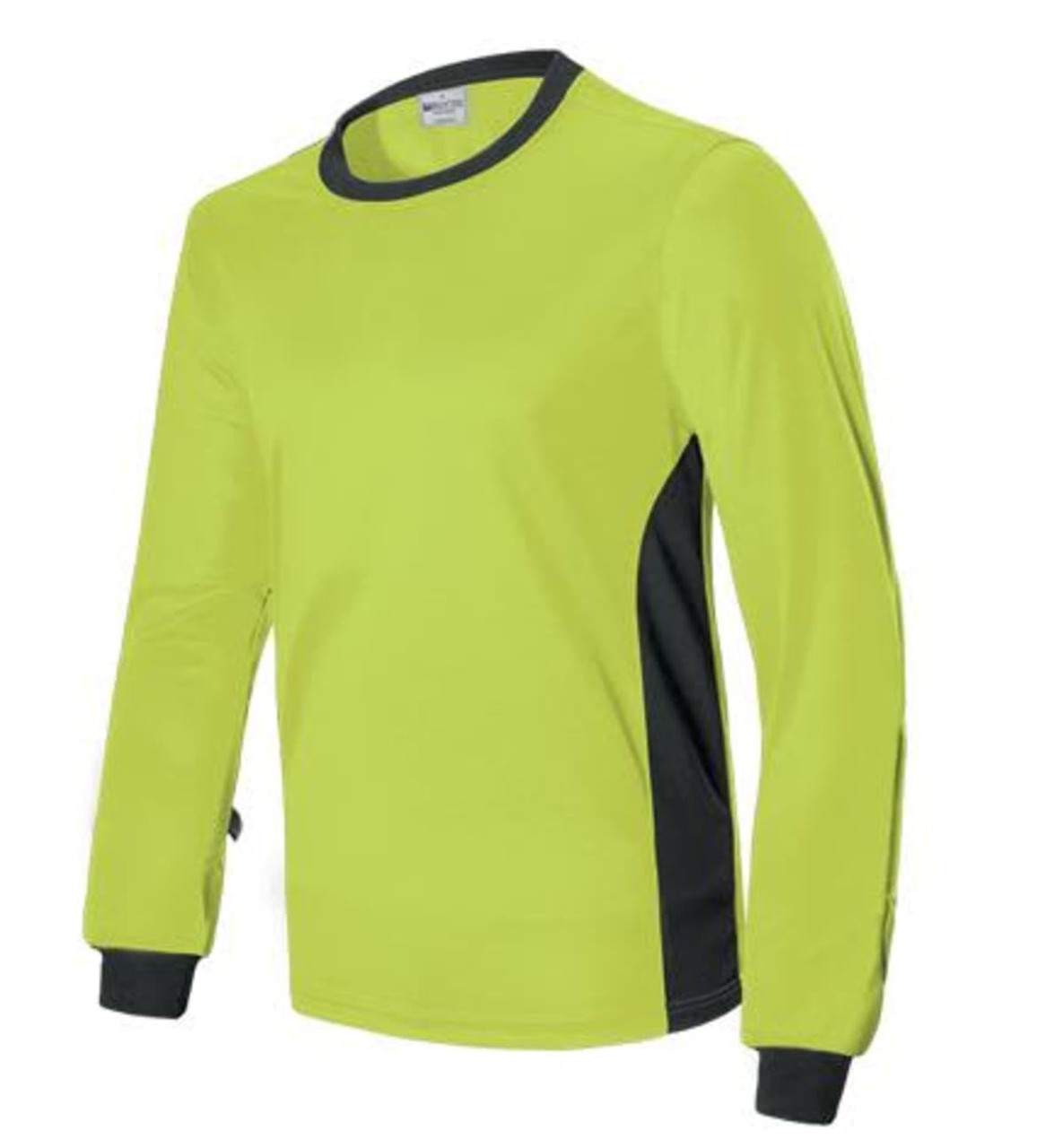 A bright yellow long-sleeve jersey with dark green accents and a logo on the chest.
