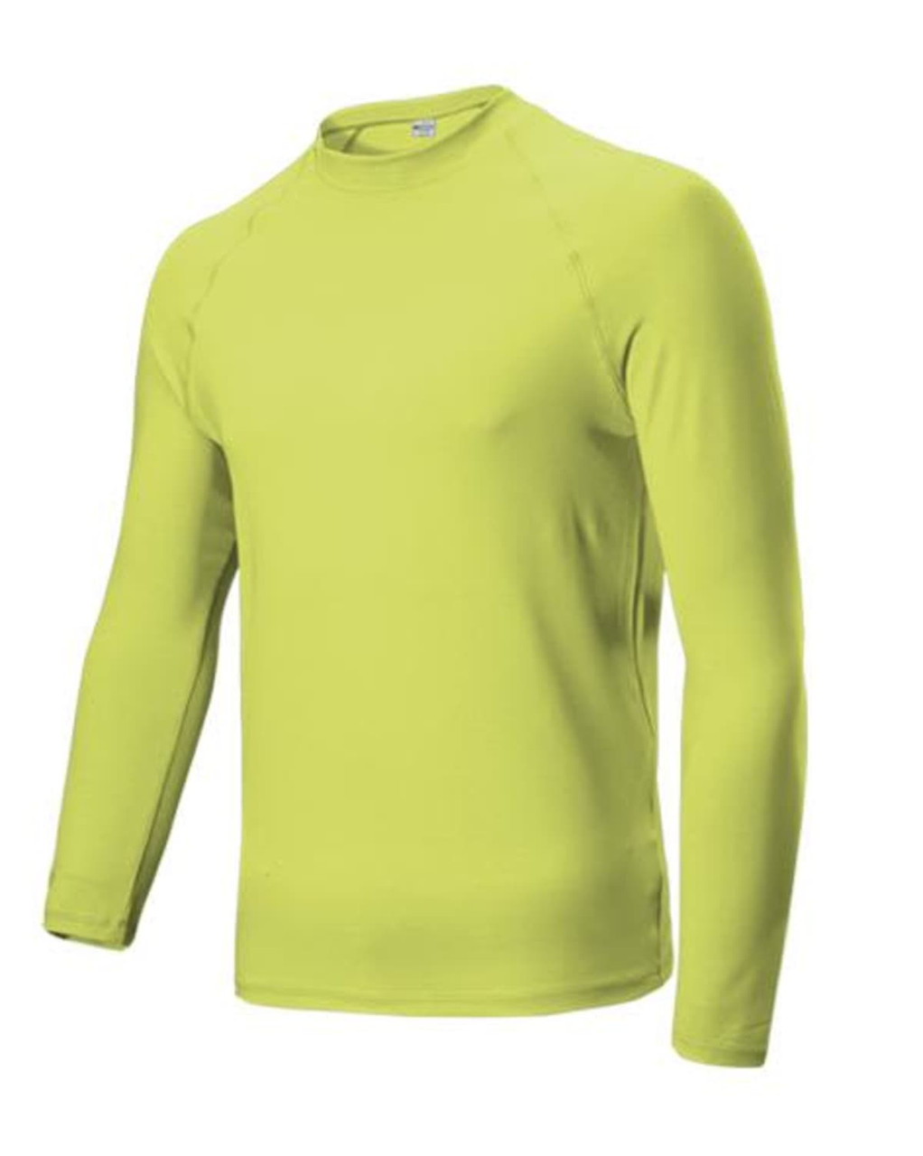 A long-sleeved rashie in bright yellow, featuring a simple design and a crew neckline. It has a logo on the chest.