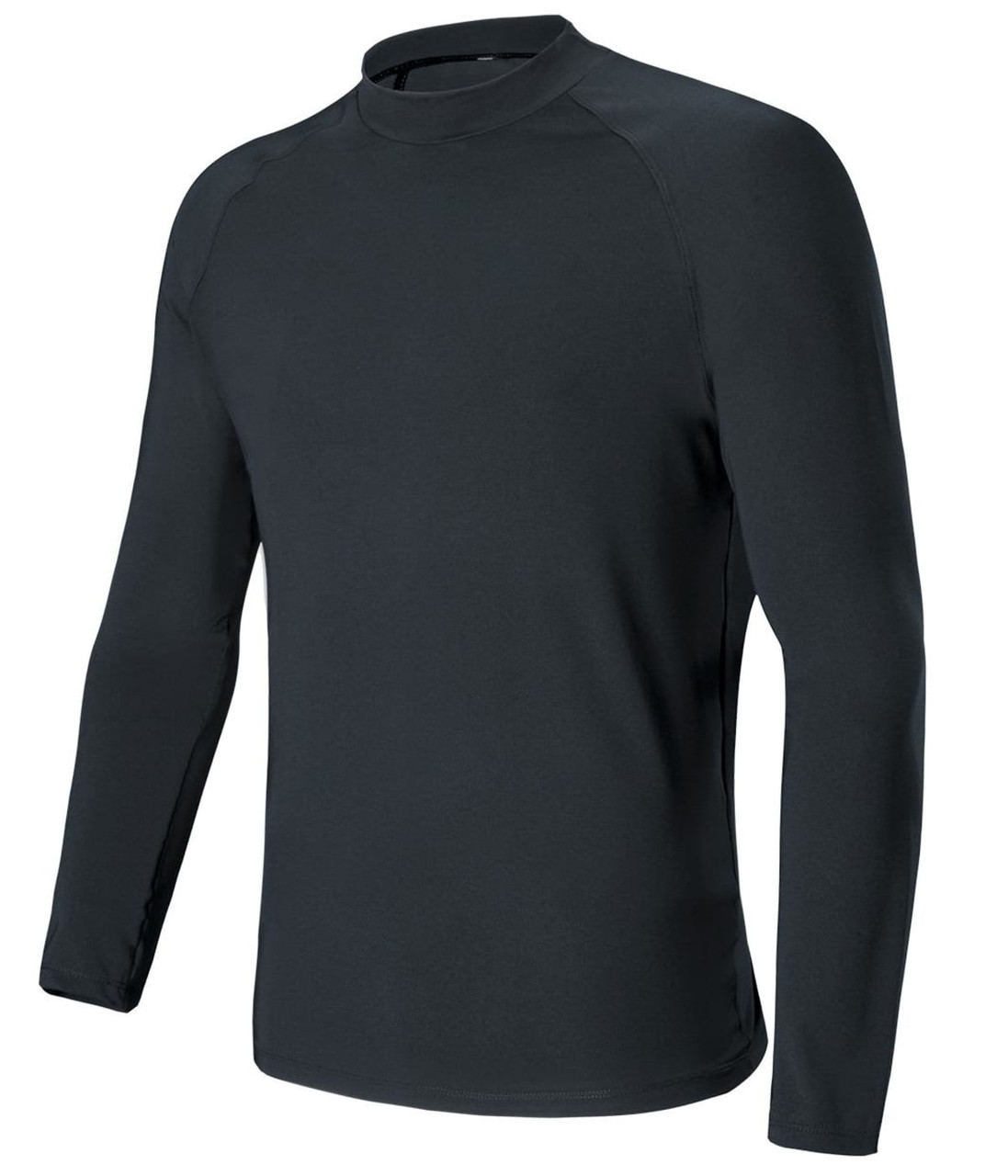 A long-sleeved ladies rashie in dark grey with a high collar and raglan sleeves. It features a logo.