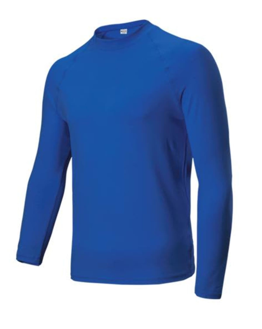 A long-sleeved blue rashie with a round neckline and a simple design. It features a logo on the front.