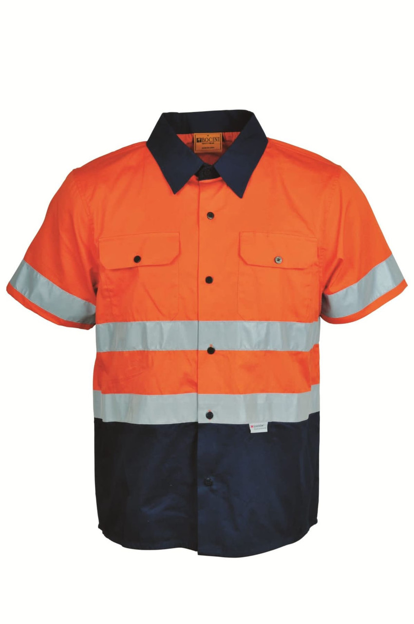A short-sleeved, unisex hi-vis cotton drill shirt in orange and navy, featuring reflective tape and a logo.