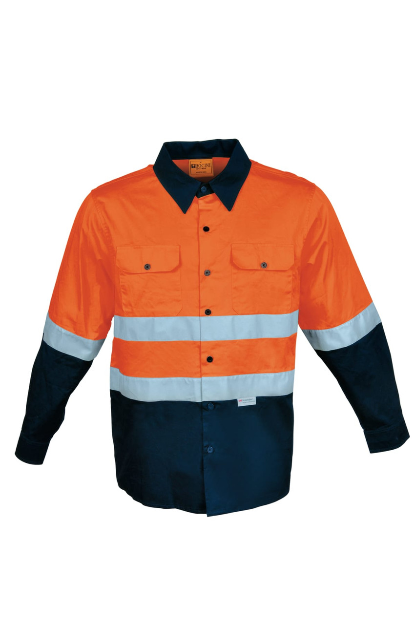 A hi-vis long-sleeve cotton drill shirt in orange and navy, featuring reflective tape and a logo.