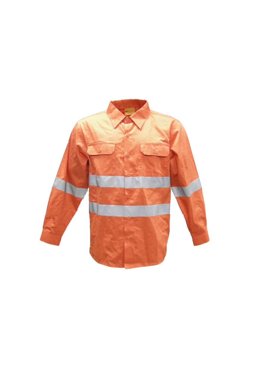 An orange long-sleeve cotton drill shirt with reflective tape, featuring a collar and buttons, and has branding.