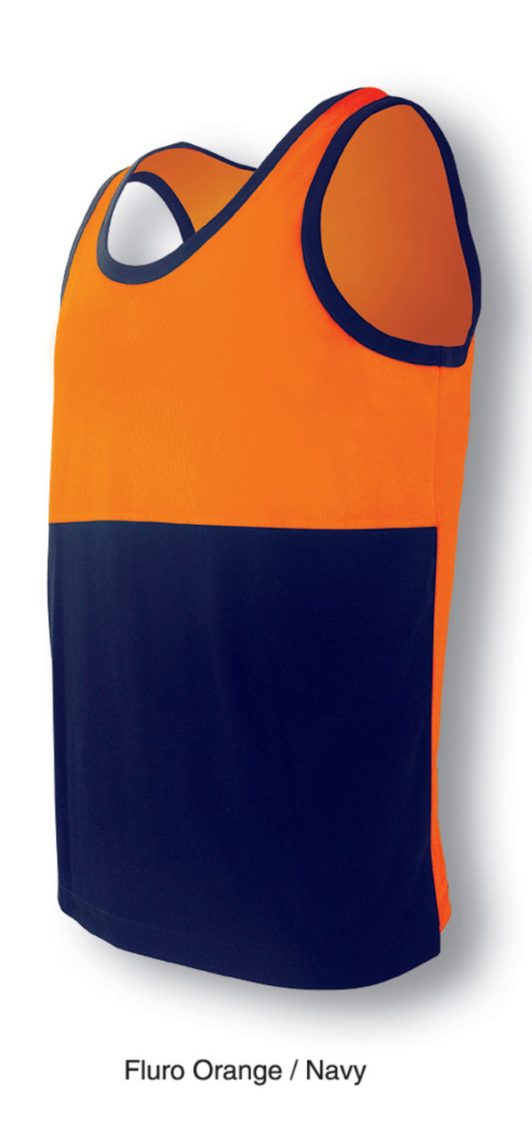 A unisex hi-vis singlet in fluro orange and navy, featuring a rounded neckline and a logo.