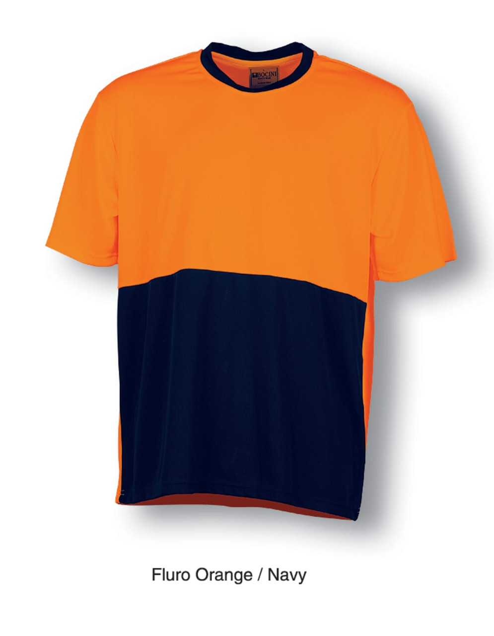 A fluro orange and navy unisex safety tee with a logo. Suitable for high-visibility work environments.