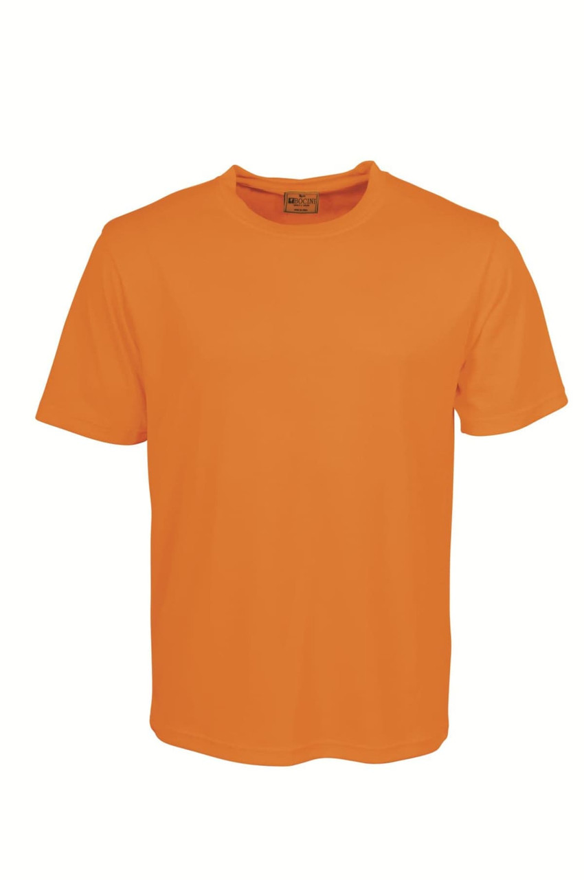 An orange unisex round neck t-shirt with short sleeves, featuring a logo on the label.