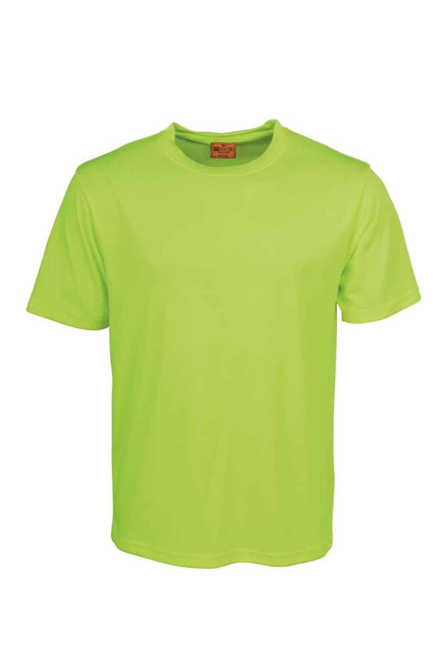 A bright lime green unisex round neck T-shirt featuring a plain design and a branding label inside the neck.