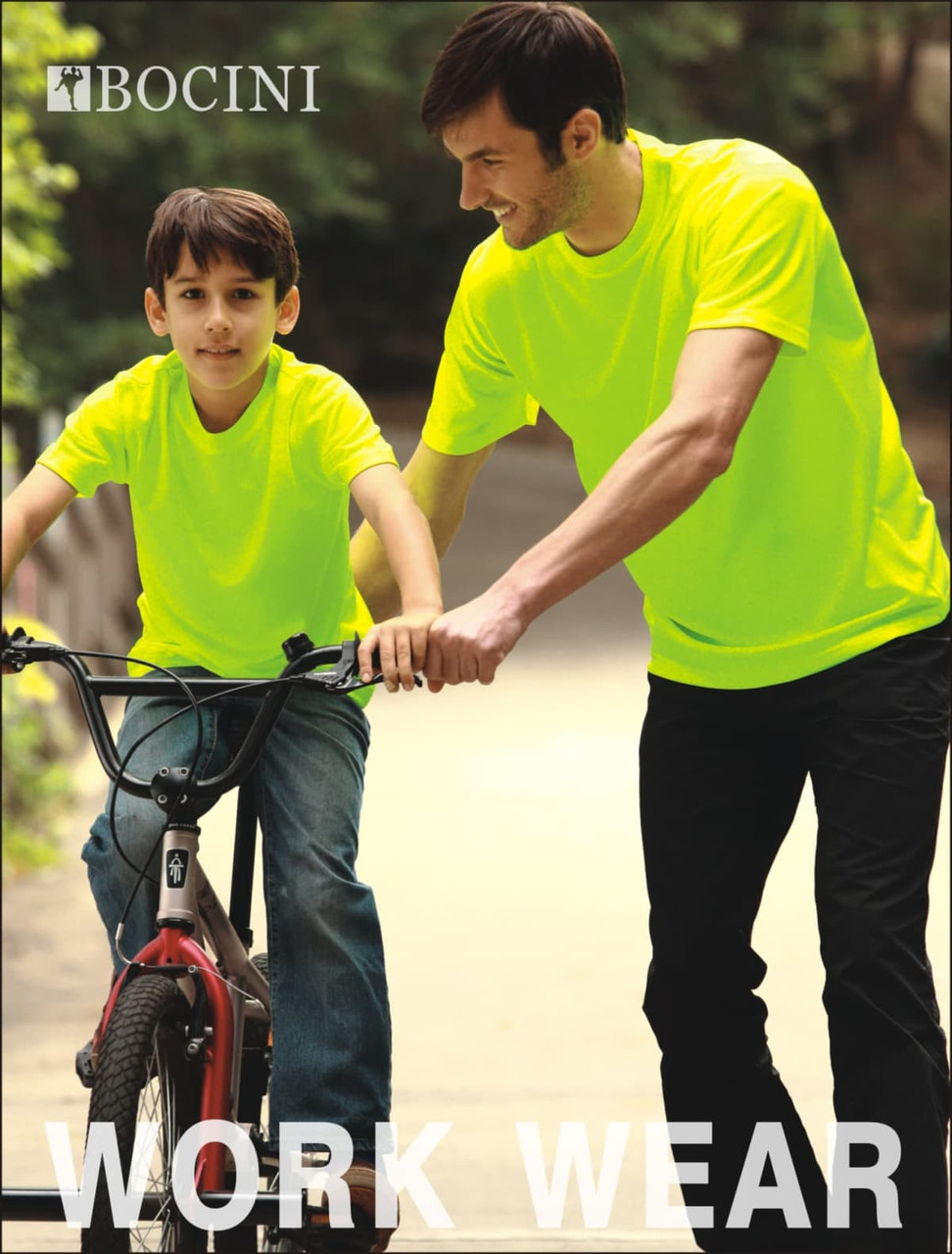 A plain round neck tee shirt in bright yellow, worn by a child and an adult, with a logo visible.