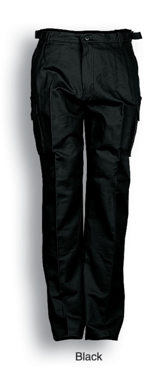 Unisex adults cotton drill cargo pants in black, featuring multiple pockets and a logo. Ideal for workwear.