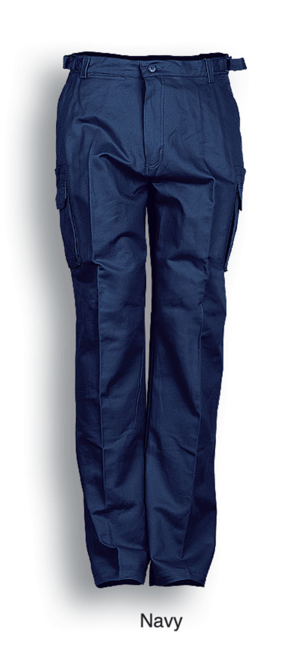 Navy unisex cotton drill cargo pants featuring multiple pockets and a fitted design. Includes a branding logo.