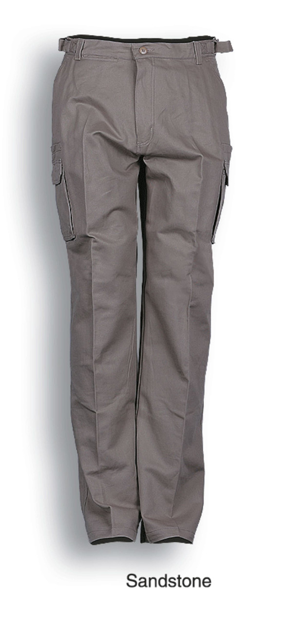 Unisex adult cotton drill cargo pants in sandstone colour, featuring side pockets and a logo.