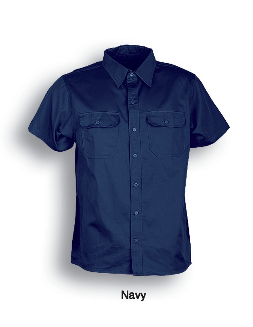 A navy short-sleeved cotton drill work shirt with two front pockets and a logo.