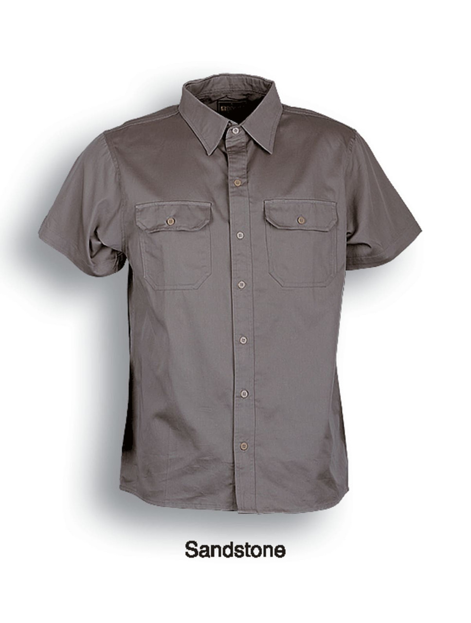 A sandstone-coloured unisex short-sleeve cotton drill work shirt with front pockets and a logo.