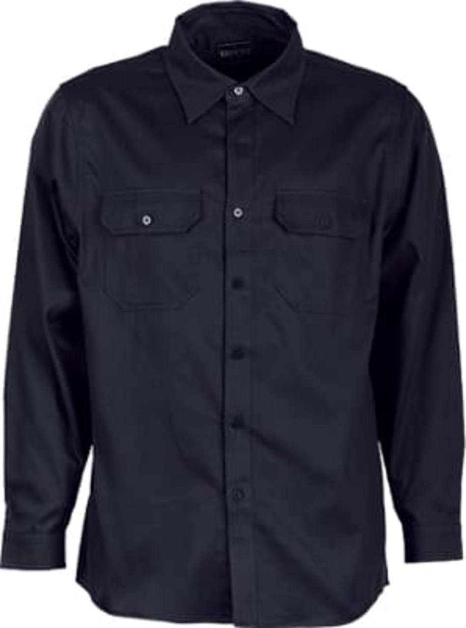 A black unisex long-sleeve cotton drill work shirt featuring a button-up front and chest pockets.