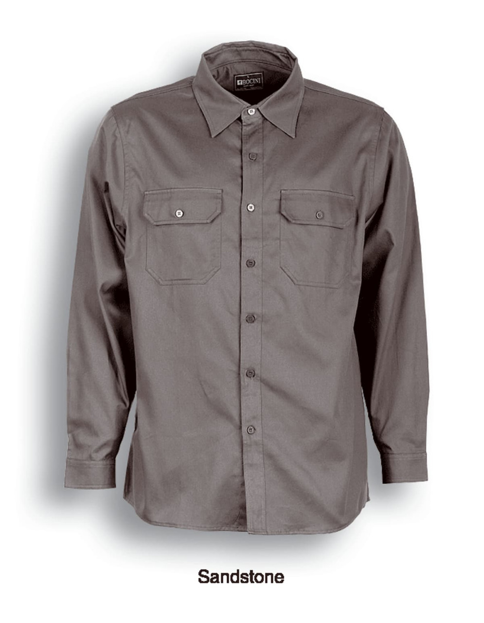 A long-sleeve unisex cotton drill work shirt in sandstone with buttoned chest pockets and a logo.