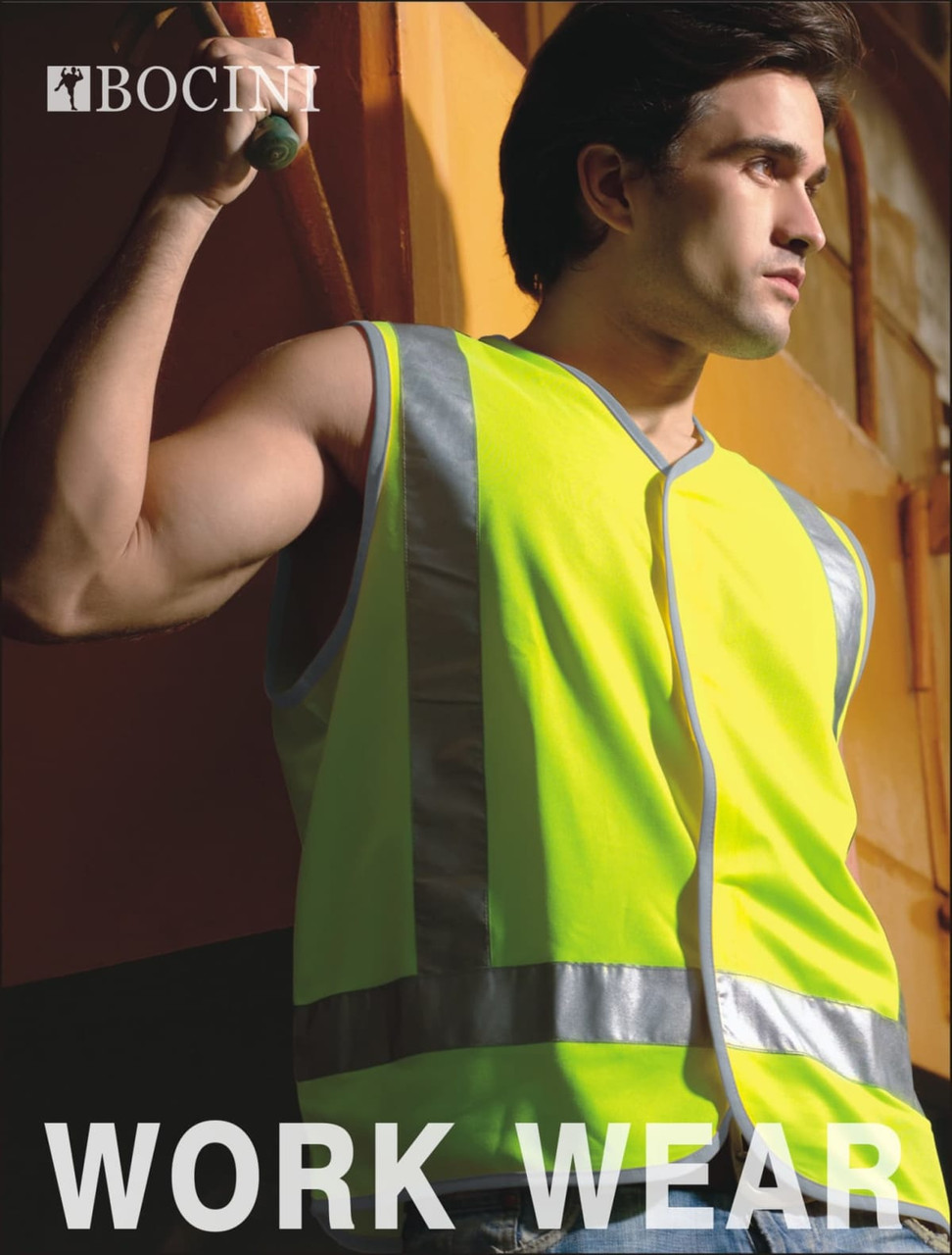 A bright yellow unisex hi-vis vest featuring reflective tape, worn by a model with a logo present.