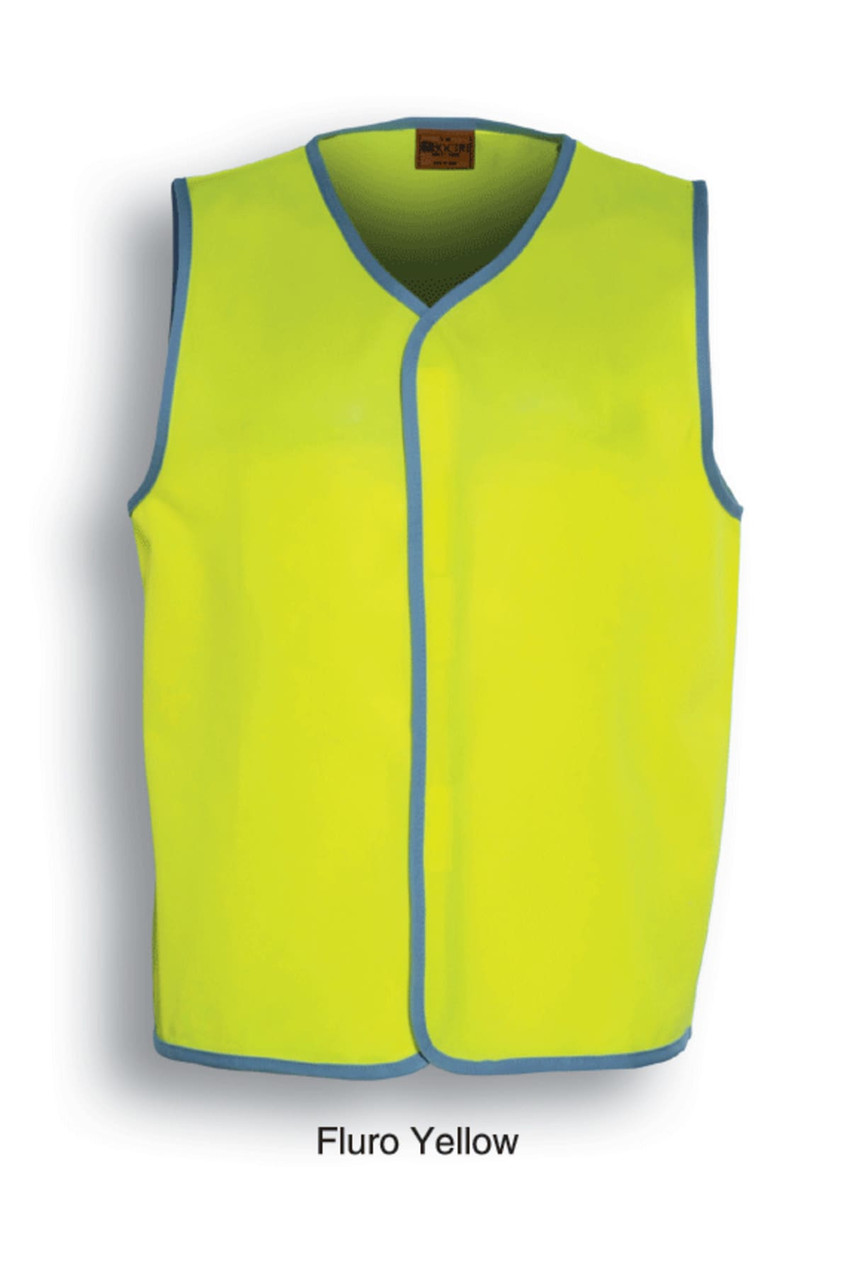 A fluro yellow unisex hi-vis vest with a blue trim, featuring a logo on the front.