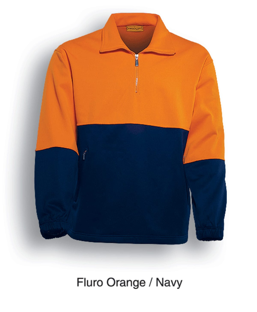 A hi-vis 1/2 zip fleece jumper in fluro orange and navy, featuring a branding logo.