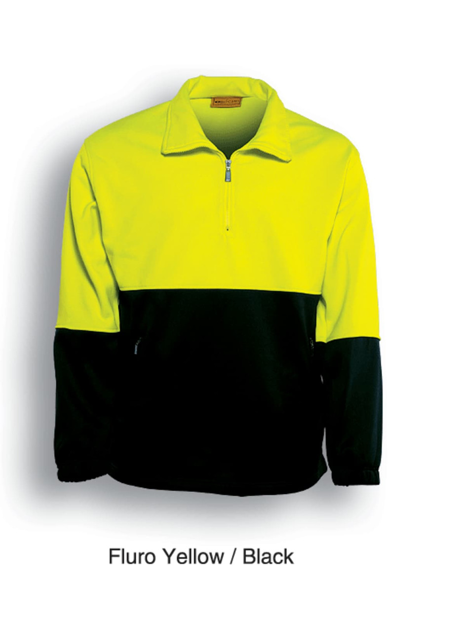 A high-visibility half-zip fleece jumper in fluro yellow and black, featuring pockets and a logo.