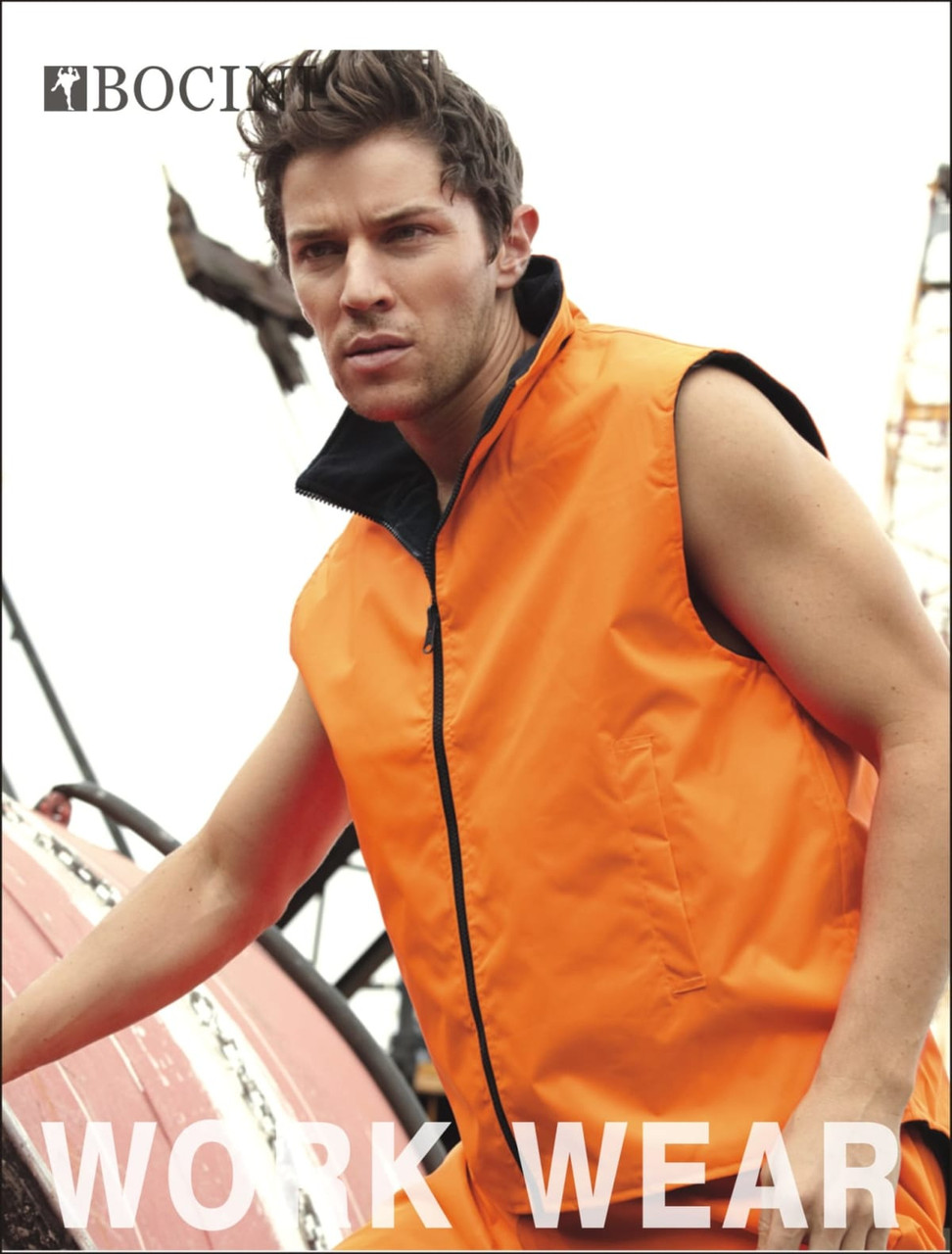 A hi-vis orange reversible vest is featured, designed for unisex adults, with a logo displayed prominently.