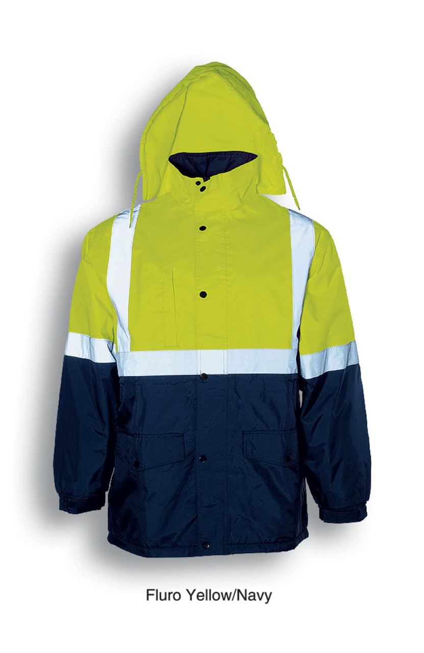 A unisex hi-vis polar fleece lined jacket in fluro yellow and navy, featuring reflective tape and a hood.