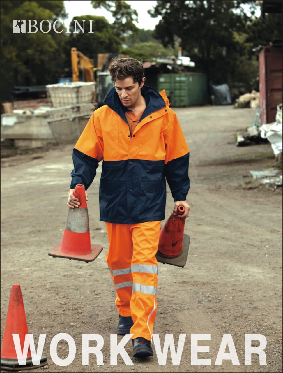 A Hi-Vis polar fleece lined jacket in orange and navy, paired with matching work trousers, with a logo on the jacket.
