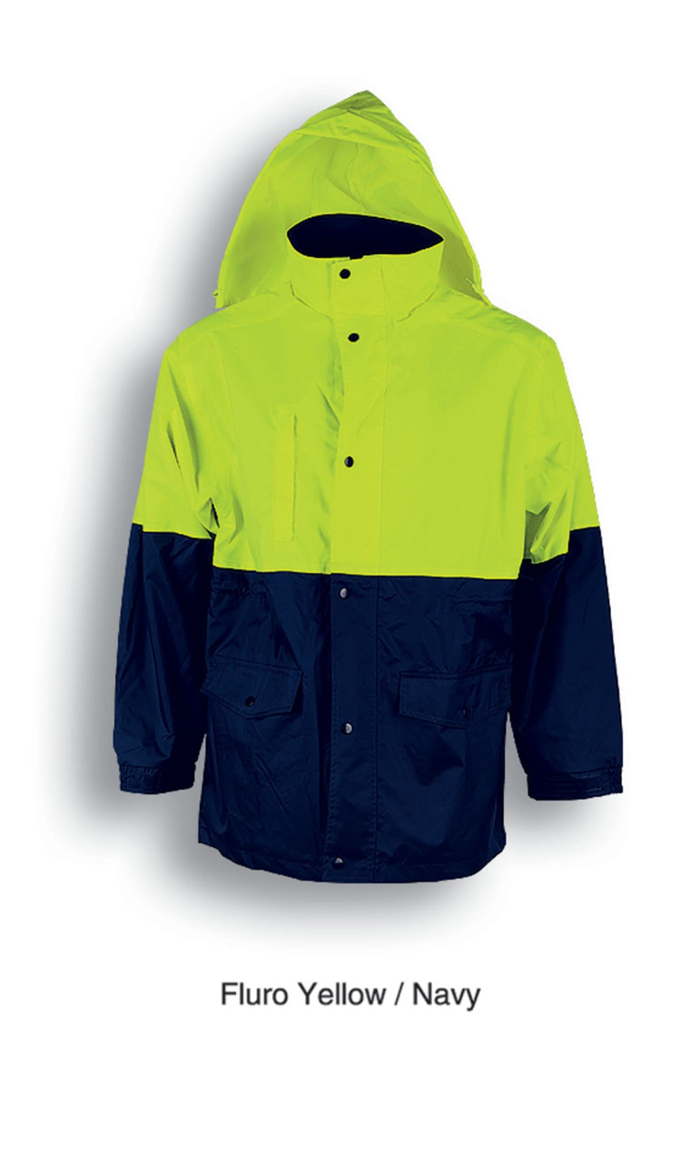 A unisex hi-vis jacket in fluro yellow and navy, featuring a hood and front pockets. Includes a logo.
