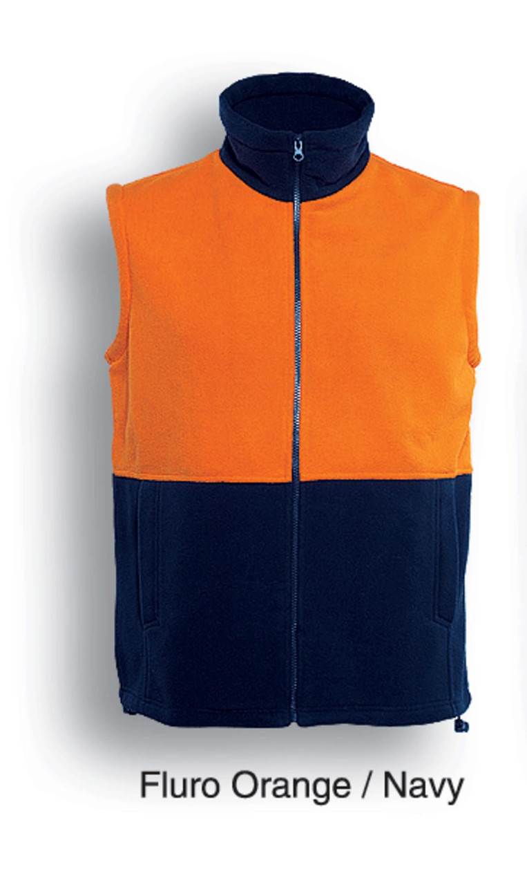 A fluro orange and navy polar fleece vest with a zip front and high neck, featuring a logo.