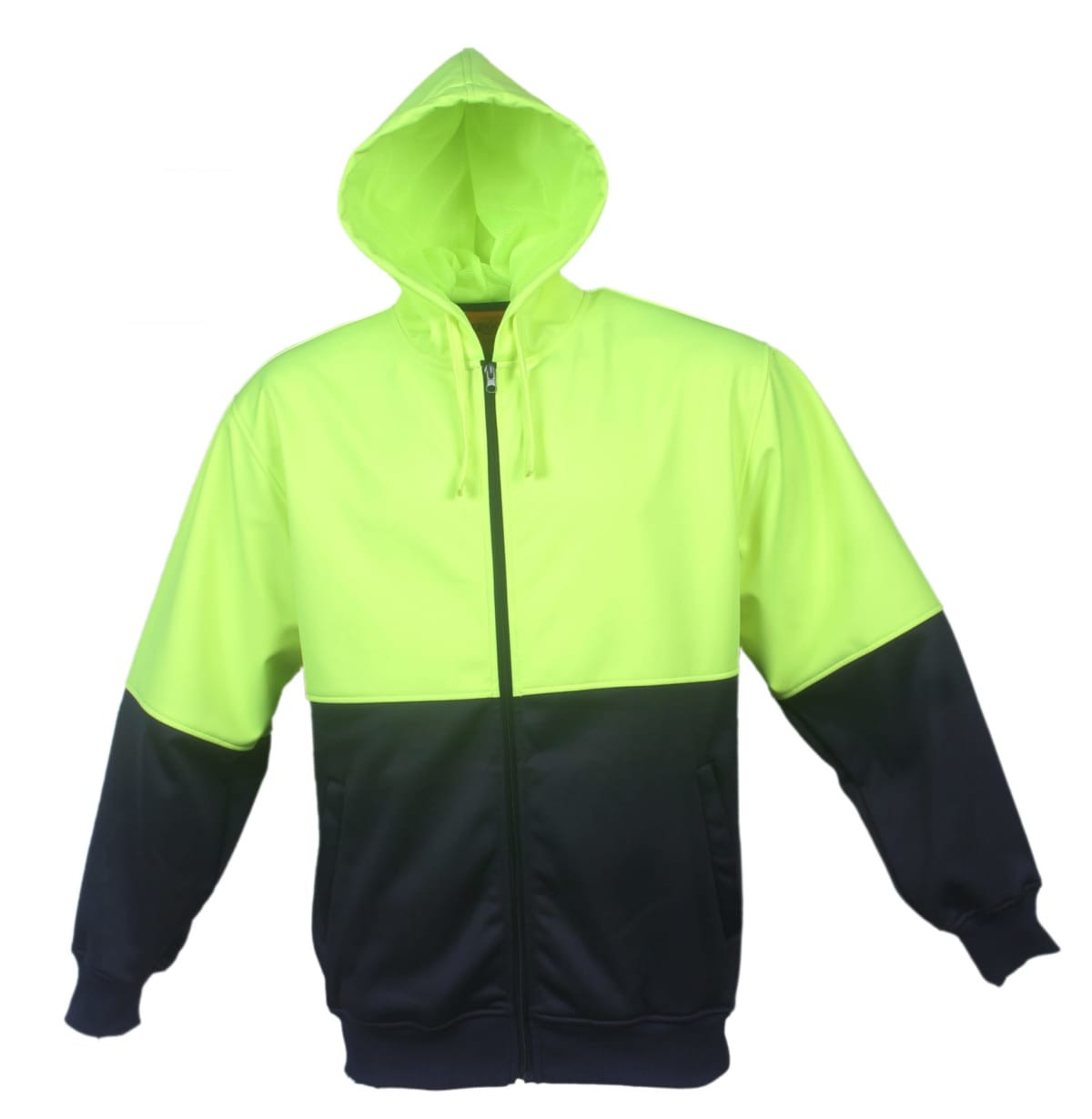 A hi-vis full zip hoodie in fluorescent yellow and navy blue, featuring a front zipper and a hood.