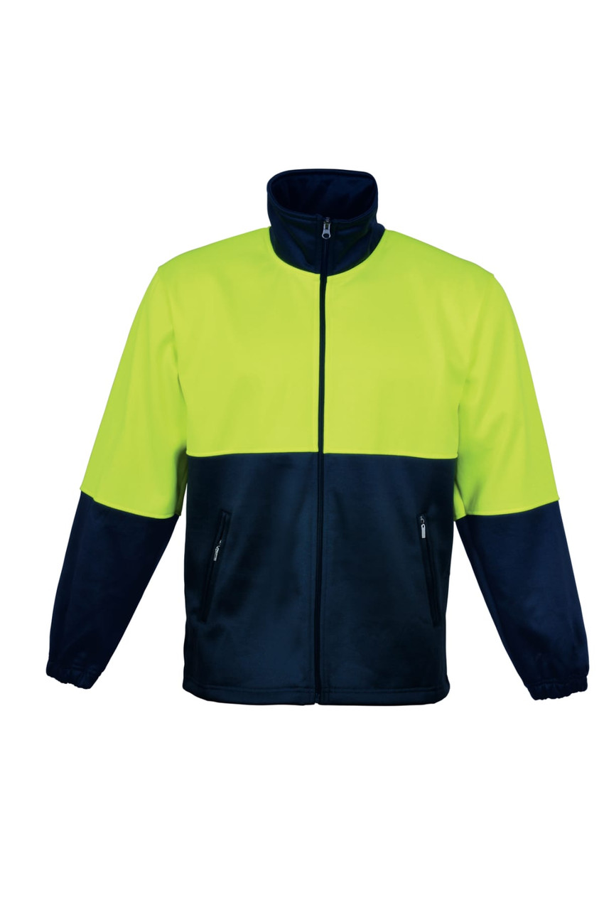 A high visibility full zip fleece jacket in fluorescent yellow and navy blue, featuring a front zipper and pockets.