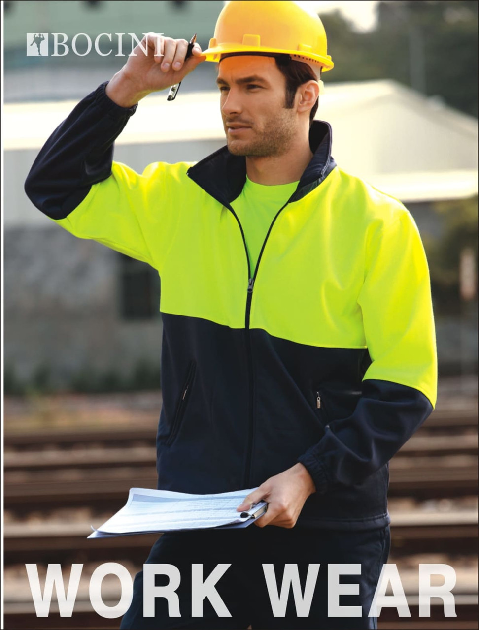 Unisex adults hi-vis full zip fleece in bright yellow and navy, featuring a logo, worn with a helmet.