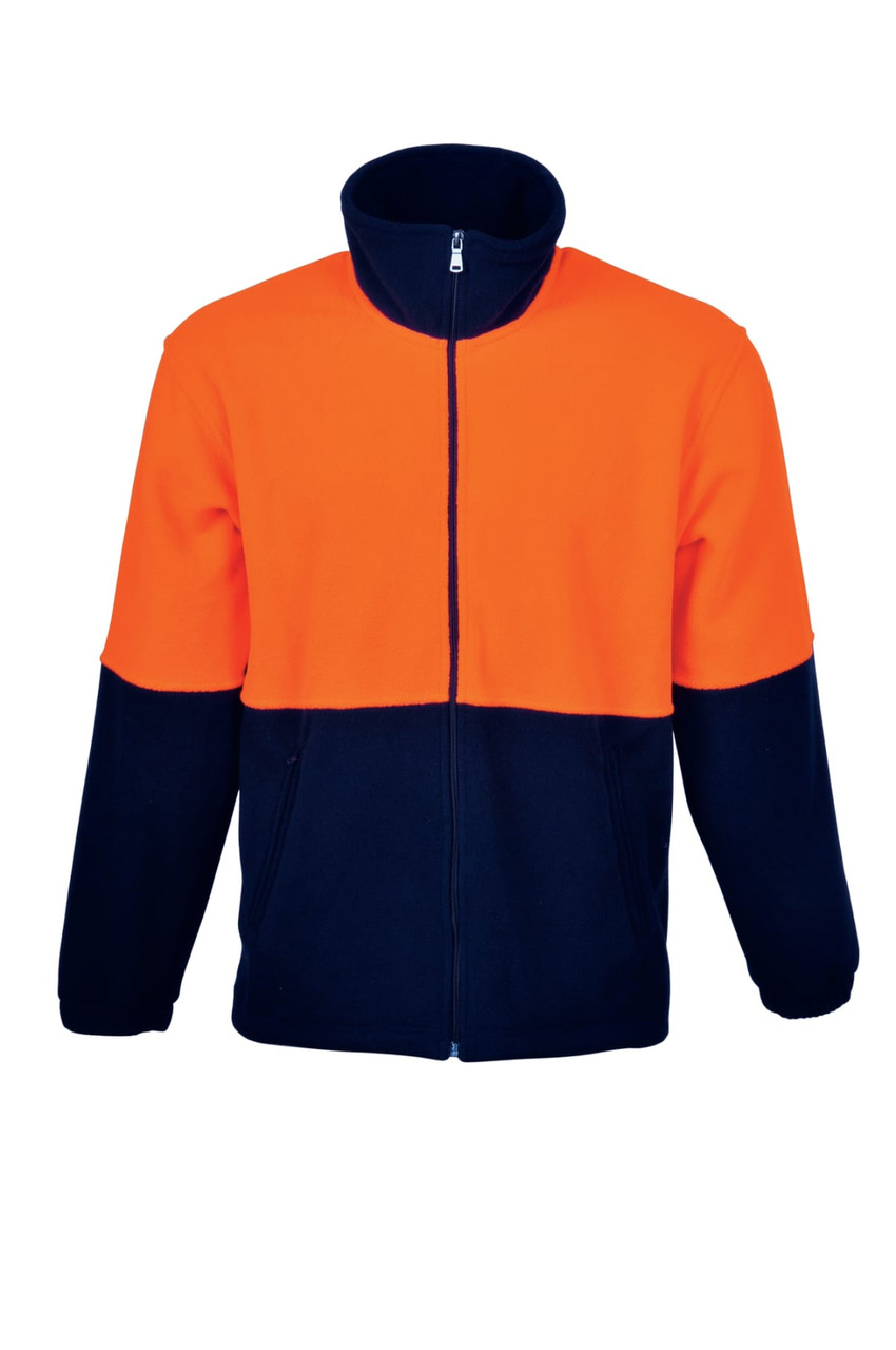 Unisex adults hi-vis polar fleece jacket in orange and navy with a full zip and pockets, featuring a logo.