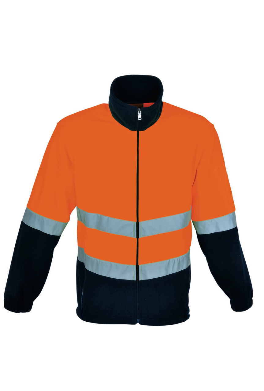 A unisex hi-vis polar fleece jacket in bright orange with reflective tape and navy sleeves. Features a full zipper and collar.